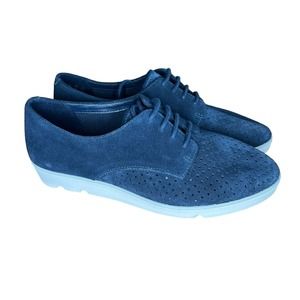 Clarks Somerset Womens Evie Perforated Navy Blue Suede Oxfords Shoes Womens 6